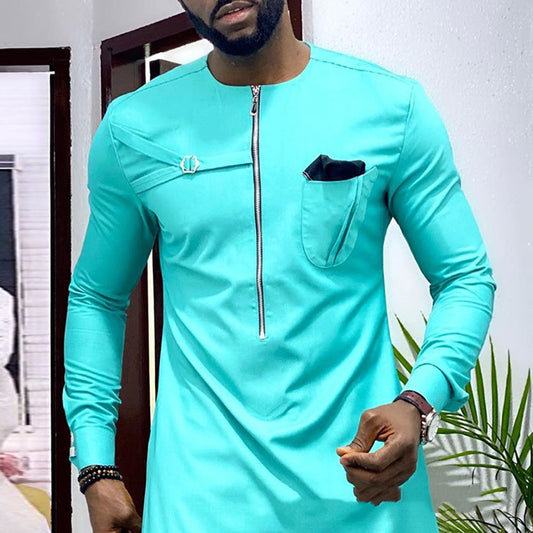 Foreign Trade Spring Youth Round Neck Casual Solid Color Cotton African Ethnic Style Men's Robe Shirt