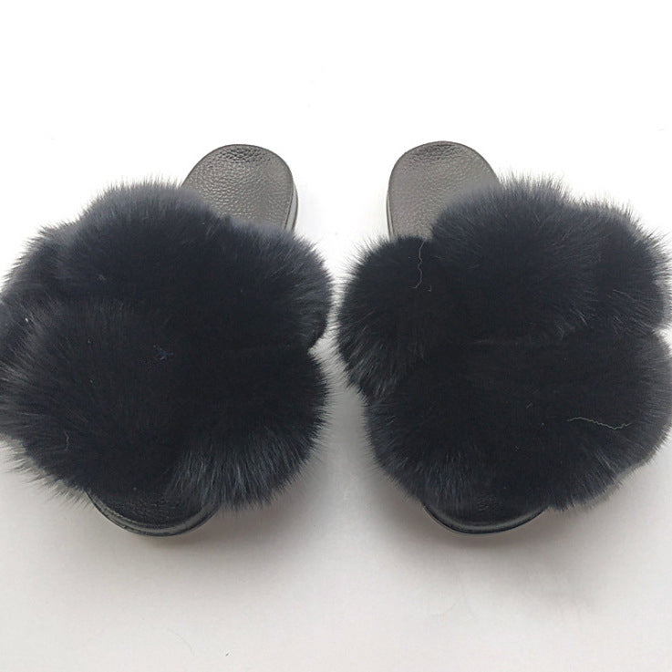 Wearing European And American Fashion Home Flat Color Fur Slippers Women
