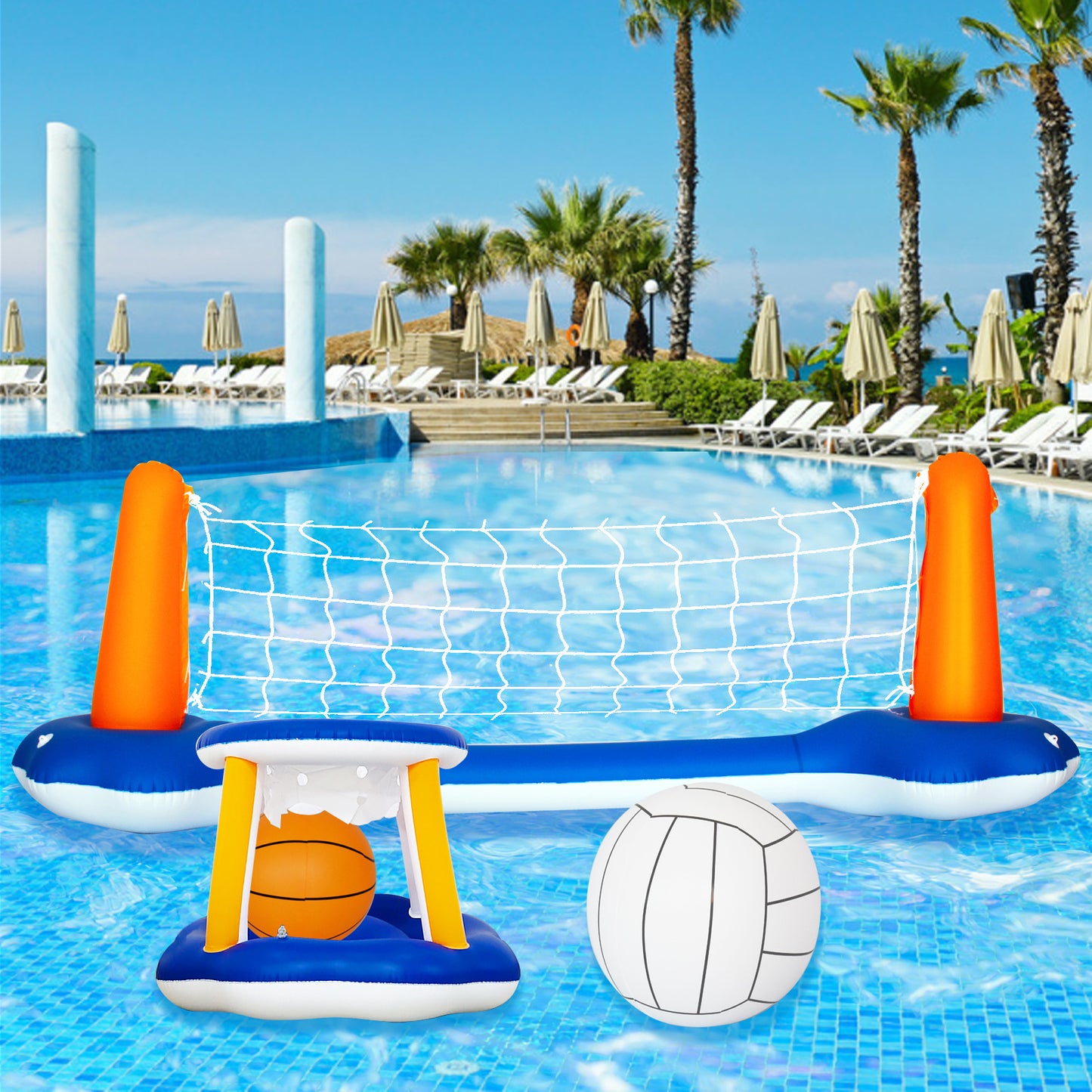 Vandvolleyballstativ, oppustelig basketball, swimmingpool, strandvandlege, vandtømmerflådebold