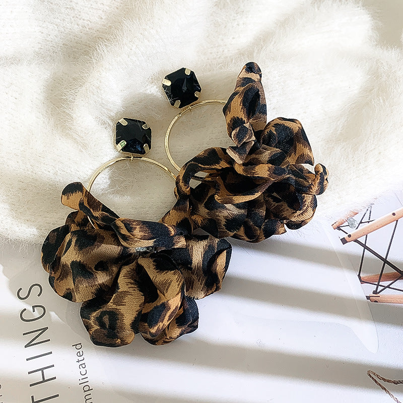 Silver Needle Leopard Earrings European And American New Style Retro Nightclub Exaggerated Big Earrings Fabric Personalized Fashion Earrings Women