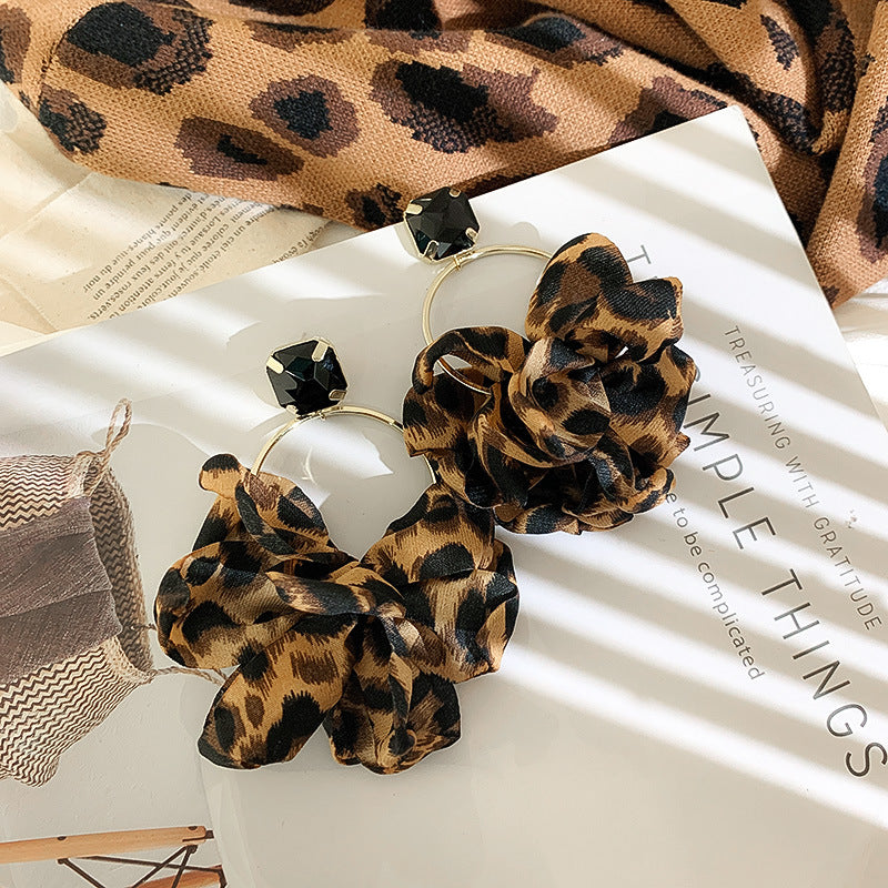 Silver Needle Leopard Earrings European And American New Style Retro Nightclub Exaggerated Big Earrings Fabric Personalized Fashion Earrings Women