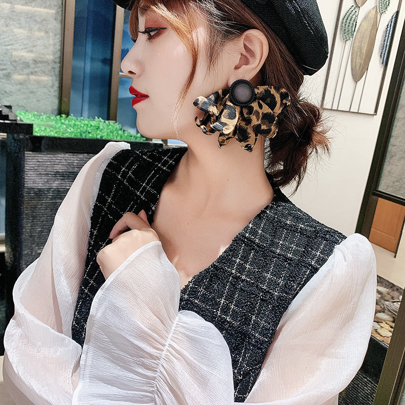 Silver Needle Leopard Earrings European And American New Style Retro Nightclub Exaggerated Big Earrings Fabric Personalized Fashion Earrings Women