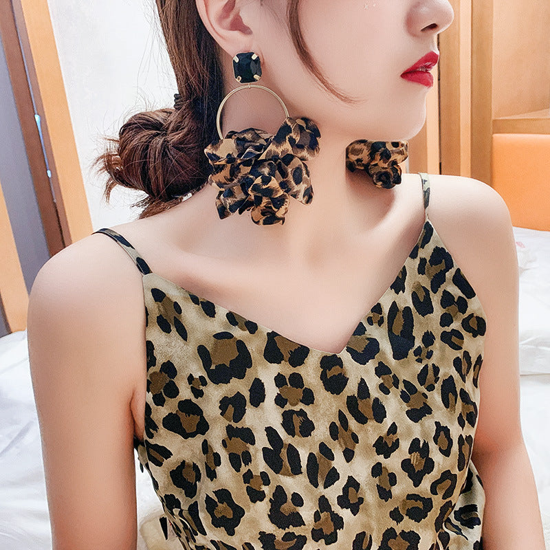 Silver Needle Leopard Earrings European And American New Style Retro Nightclub Exaggerated Big Earrings Fabric Personalized Fashion Earrings Women