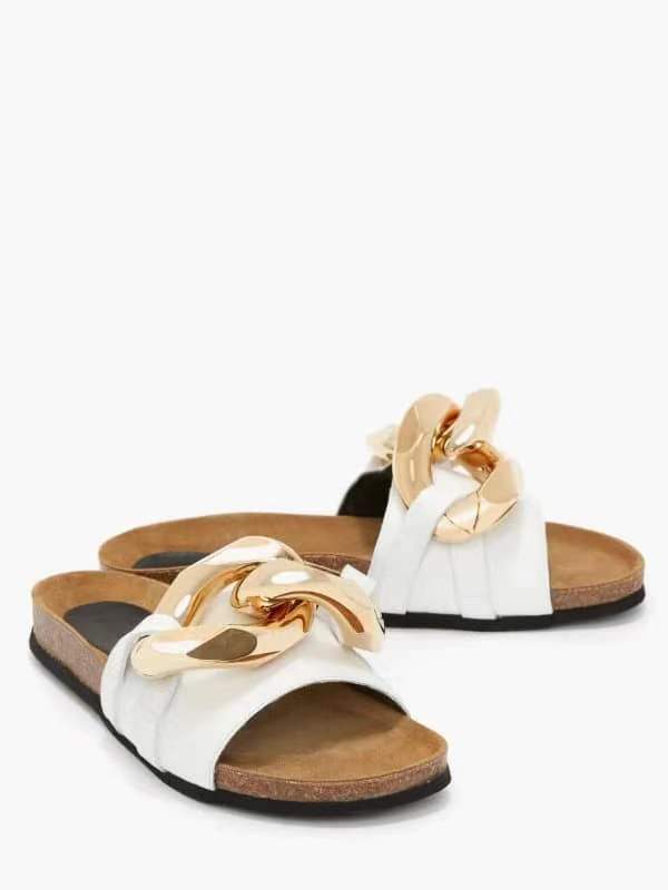 Summer New Metal Chain Mules Open-Toe Flat-Bottom Slippers