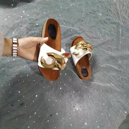 Summer New Metal Chain Mules Open-Toe Flat-Bottom Slippers