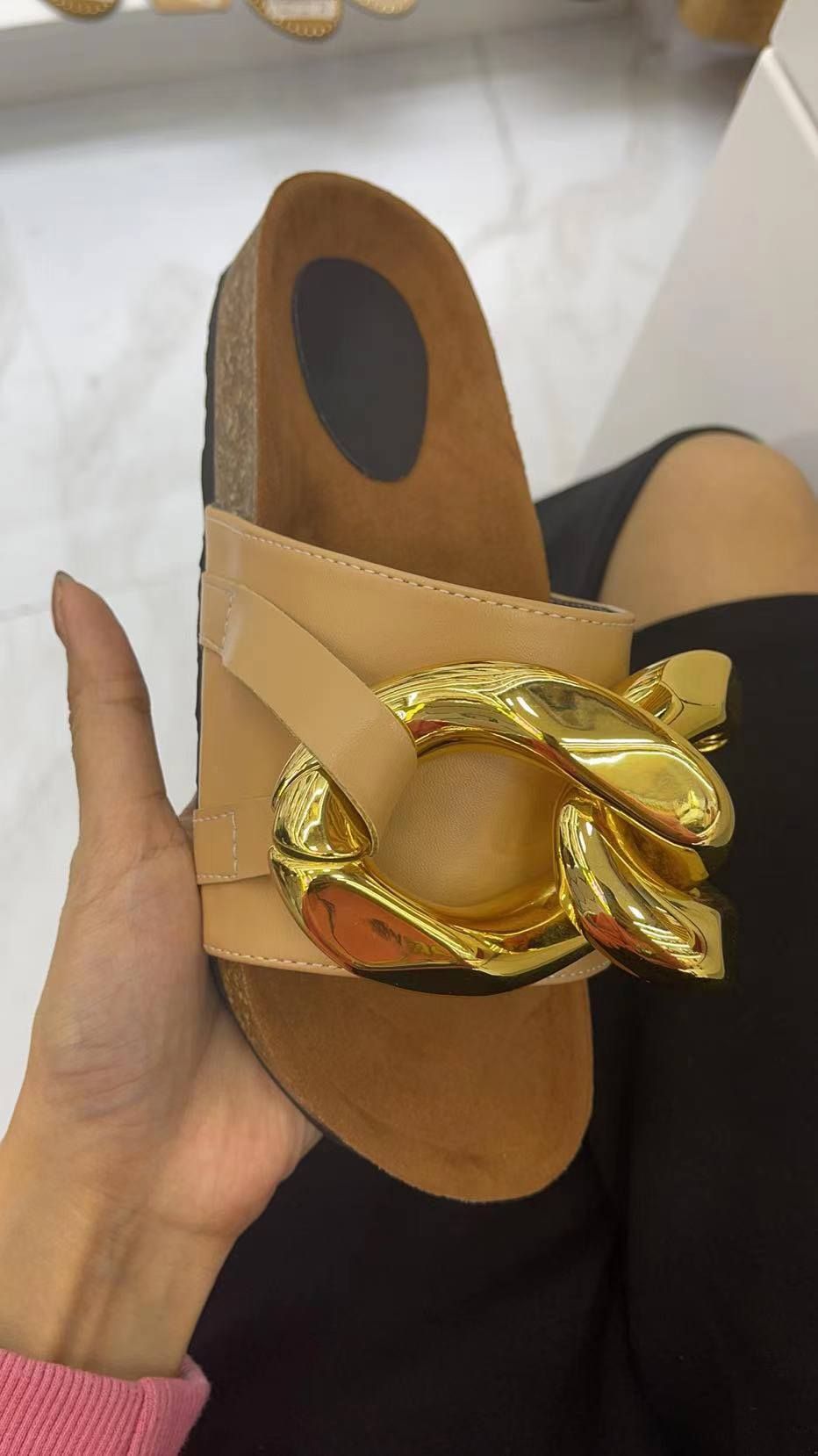Summer New Metal Chain Mules Open-Toe Flat-Bottom Slippers