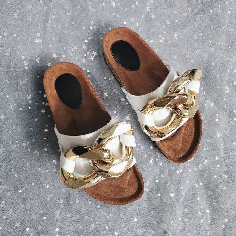 Summer New Metal Chain Mules Open-Toe Flat-Bottom Slippers
