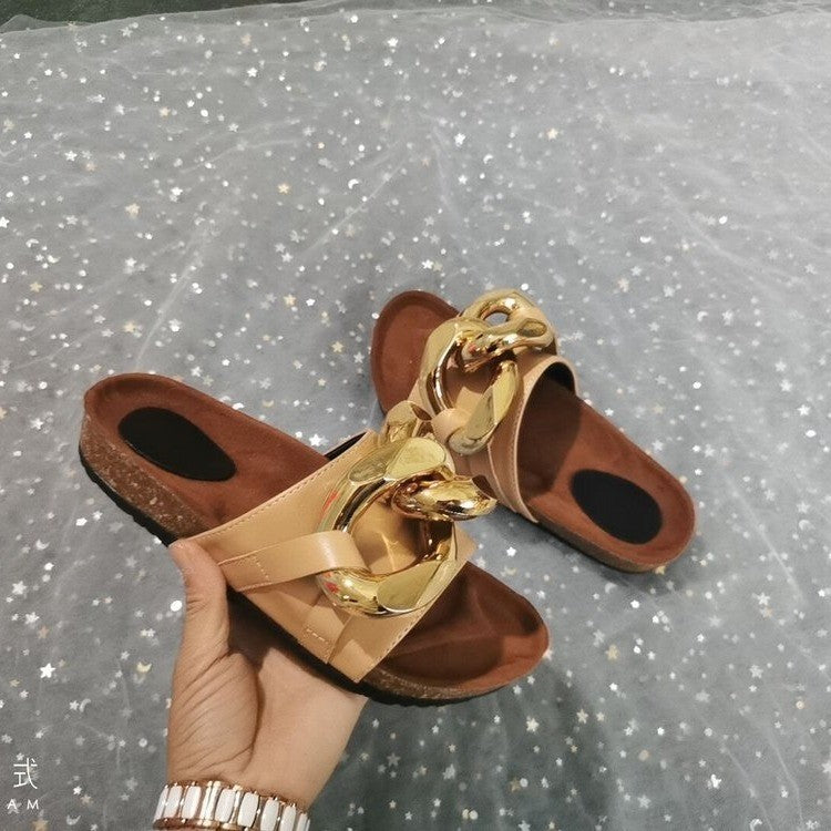 Summer New Metal Chain Mules Open-Toe Flat-Bottom Slippers