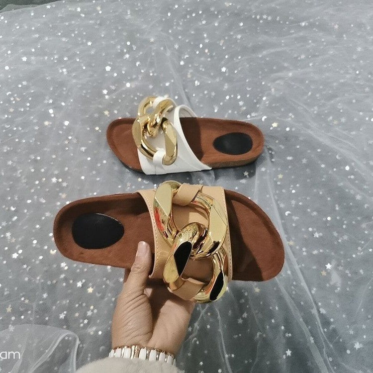 Summer New Metal Chain Mules Open-Toe Flat-Bottom Slippers