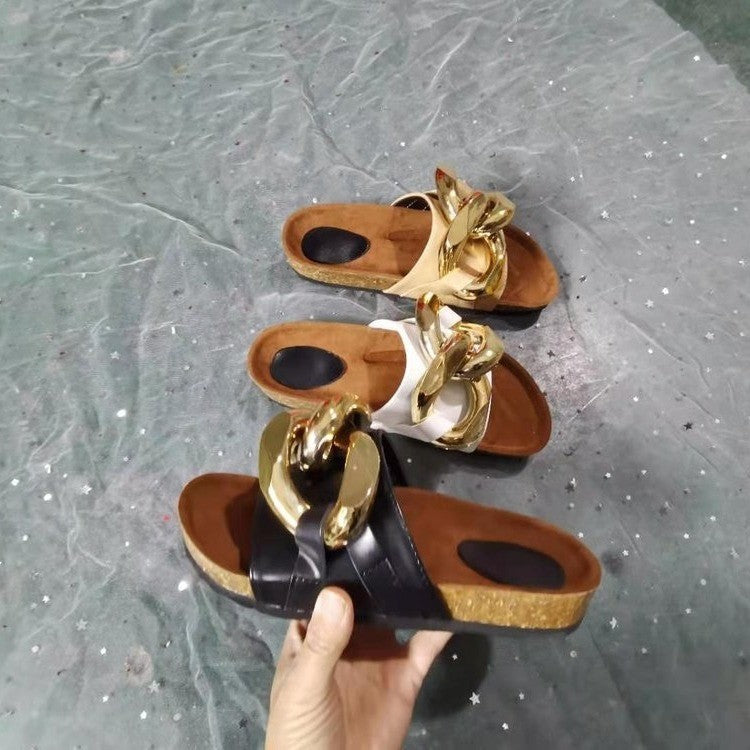 Summer New Metal Chain Mules Open-Toe Flat-Bottom Slippers