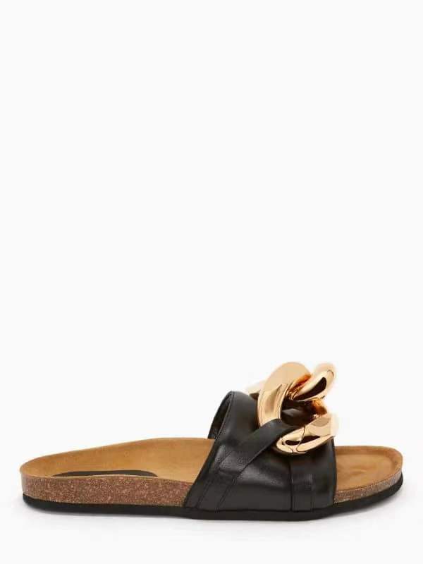 Summer New Metal Chain Mules Open-Toe Flat-Bottom Slippers