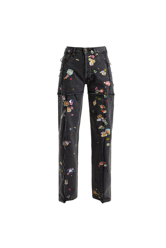 Youth With You 3 Lisa Same Black Heavy Industry Small Graffiti Hot Stamping Straight Jeans Pants