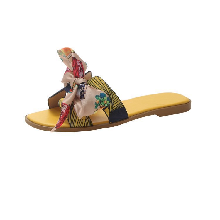 Flat Slippers With Colorful Ribbon Bow