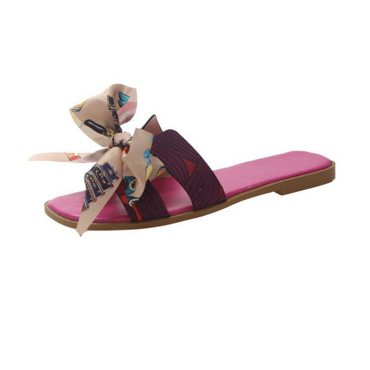 Flat Slippers With Colorful Ribbon Bow