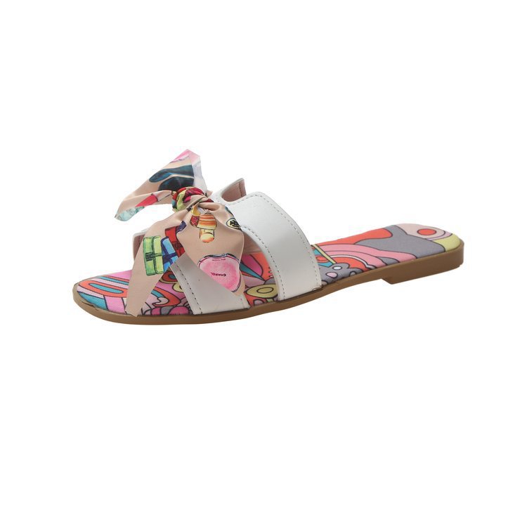 Flat Slippers With Colorful Ribbon Bow