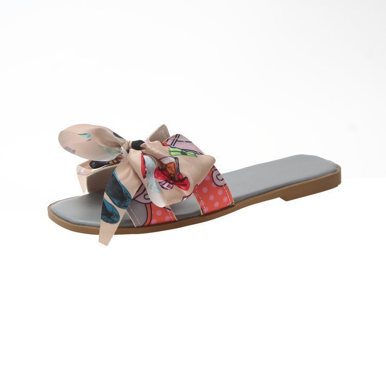Flat Slippers With Colorful Ribbon Bow
