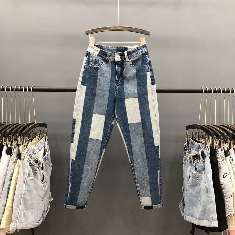 Contrasting Stitching Jeans Women Loose Spring New Ab Face Geometric Harem Pants Old Pants