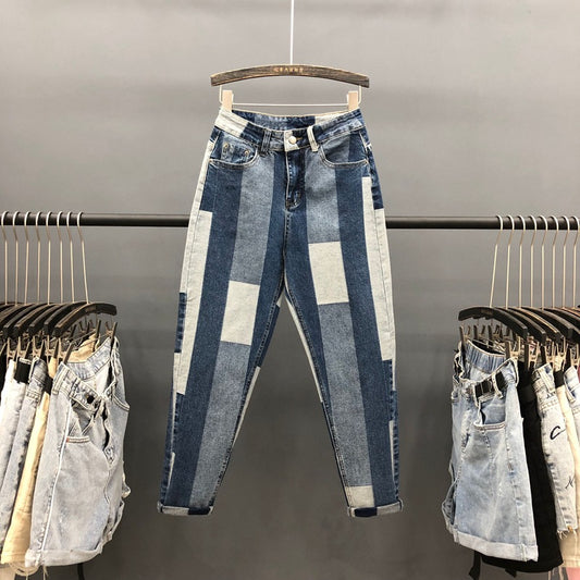 Contrasting Stitching Jeans Women Loose Spring New Ab Face Geometric Harem Pants Old Pants
