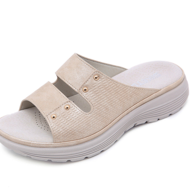 Women's Simple Leather Rivet Wedge Slippers