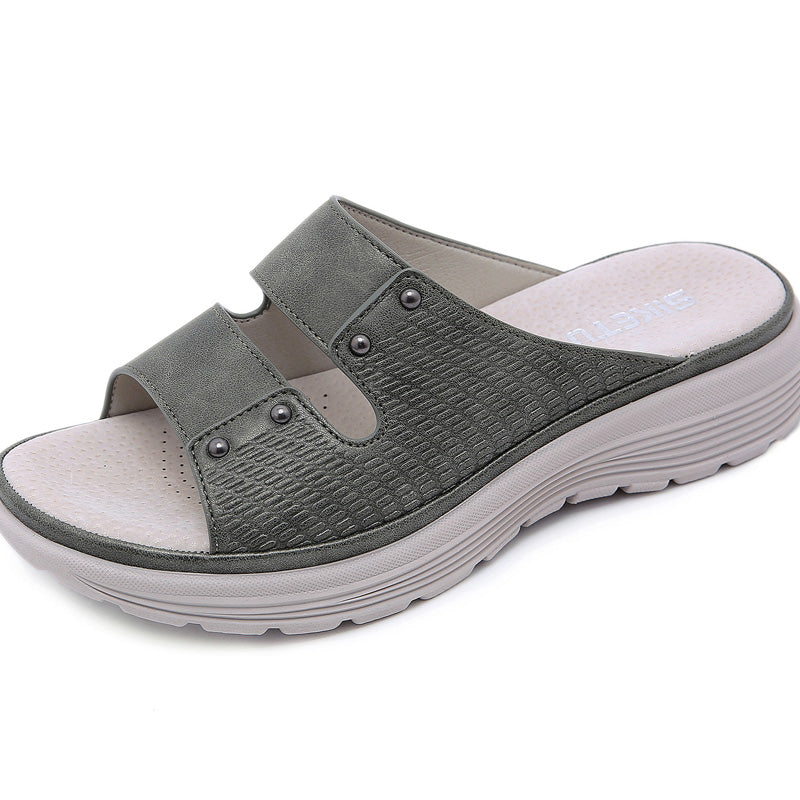 Women's Simple Leather Rivet Wedge Slippers