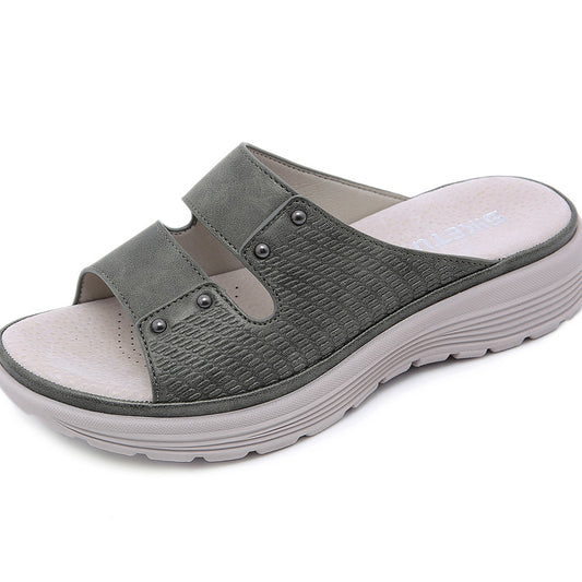 Women's Simple Leather Rivet Wedge Slippers