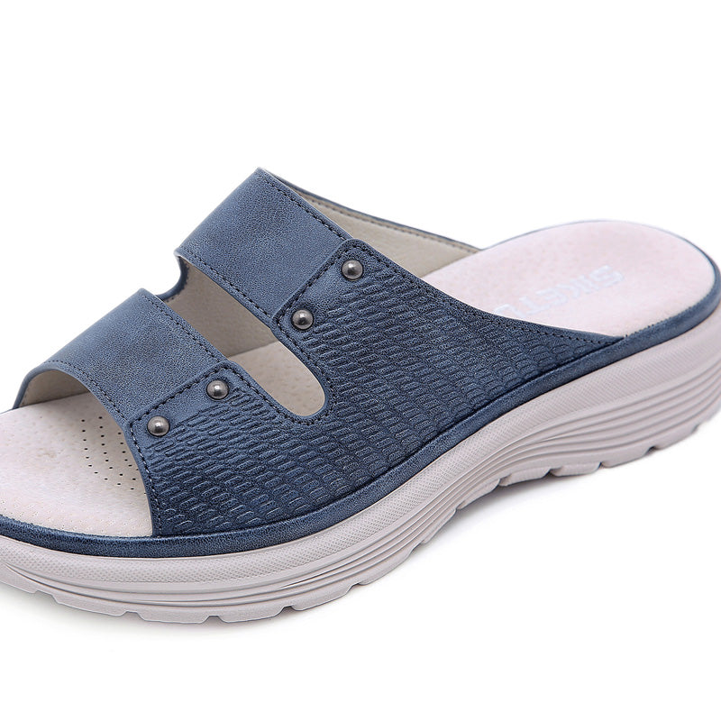 Women's Simple Leather Rivet Wedge Slippers
