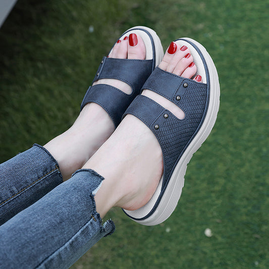 Women's Simple Leather Rivet Wedge Slippers