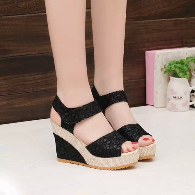 Fish Mouth Wedge Platform Lace Velcro Ladies Sandals