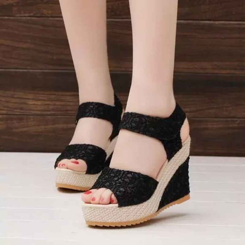 Fish Mouth Wedge Platform Lace Velcro Ladies Sandals