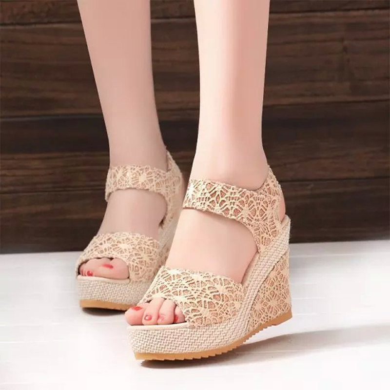 Fish Mouth Wedge Platform Lace Velcro Ladies Sandals