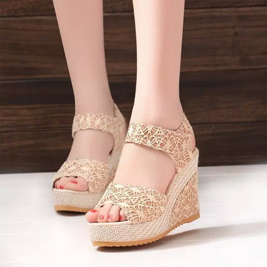 Fish Mouth Wedge Platform Lace Velcro Ladies Sandals
