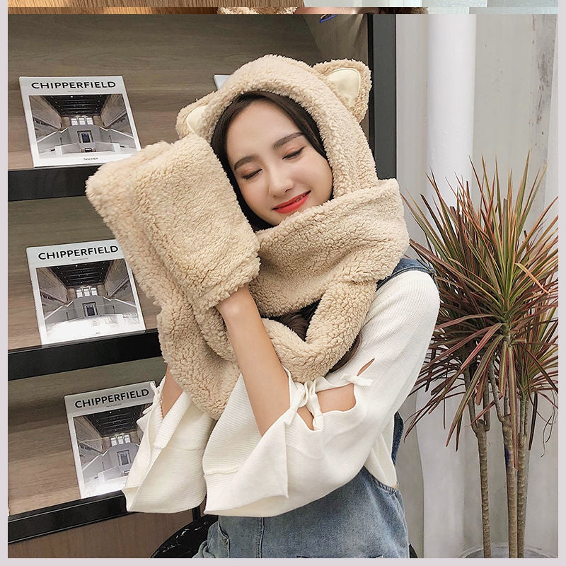 Korean Version Of The Hat, Scarf, Gloves, One-Piece Three-Piece Plush Thick Double Layer Cute Student Antlers Parent-Child Hat Set