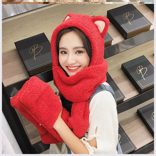 Korean Version Of The Hat, Scarf, Gloves, One-Piece Three-Piece Plush Thick Double Layer Cute Student Antlers Parent-Child Hat Set