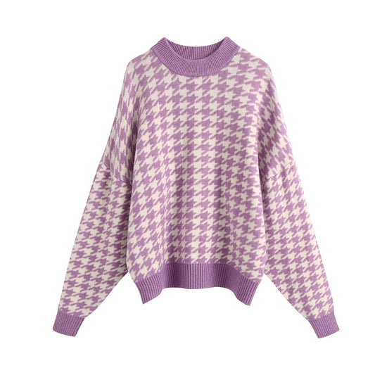 Strikket Top Hundetandsmønstret Strikket Sweater