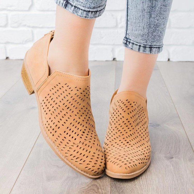 Women's Shoes New Mesh Hollow Nude Boots Round Toe Square Heel Martin Boots