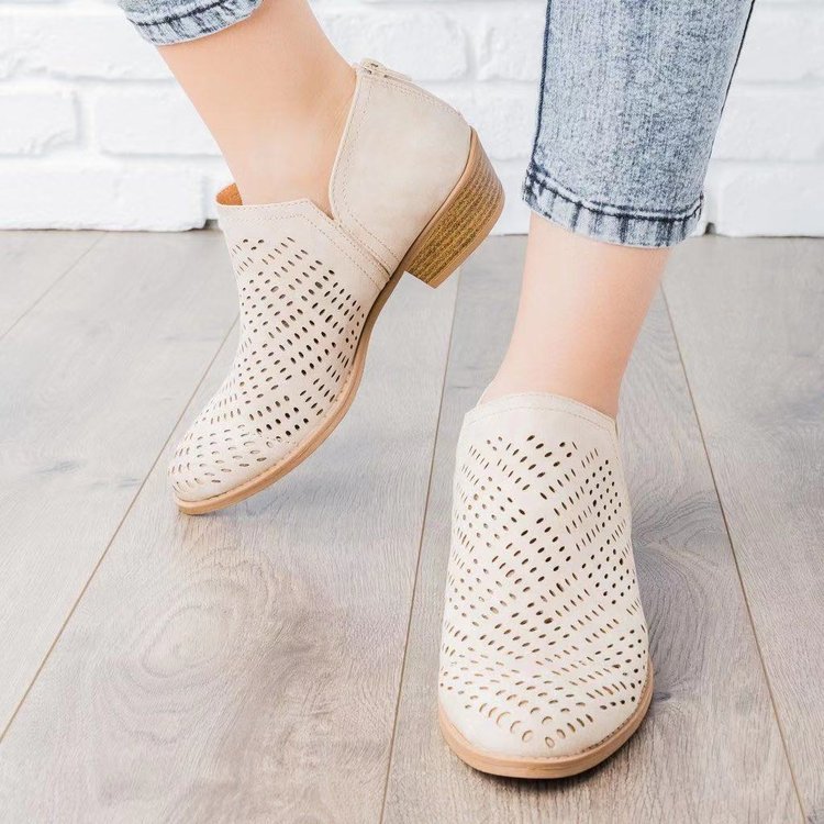 Women's Shoes New Mesh Hollow Nude Boots Round Toe Square Heel Martin Boots