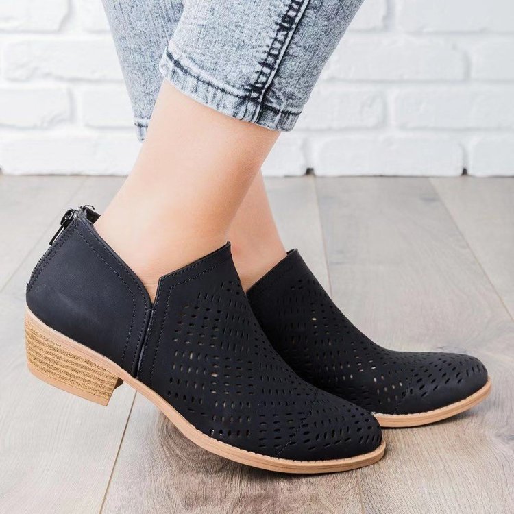 Women's Shoes New Mesh Hollow Nude Boots Round Toe Square Heel Martin Boots