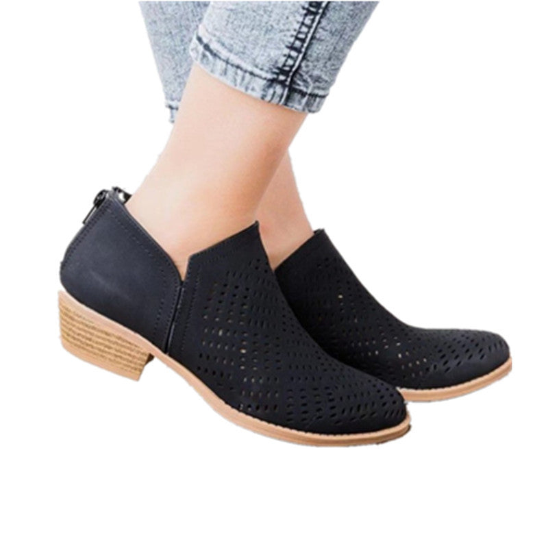 Women's Shoes New Mesh Hollow Nude Boots Round Toe Square Heel Martin Boots