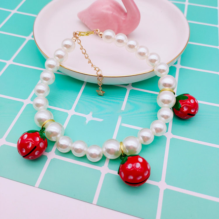 Factory  Direct Sales Pet Cat Dog Pearl Necklace Strawberry Cartoon Bell Collar Small Dog Princess Collar Adjustable