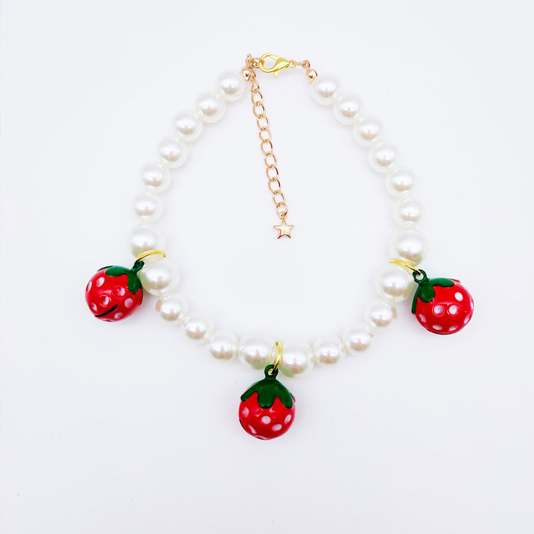 Factory  Direct Sales Pet Cat Dog Pearl Necklace Strawberry Cartoon Bell Collar Small Dog Princess Collar Adjustable