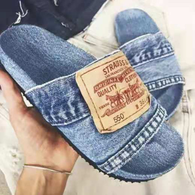 Beach Solid Color Casual Denim Fish Mouth Flat-Heel Slippers