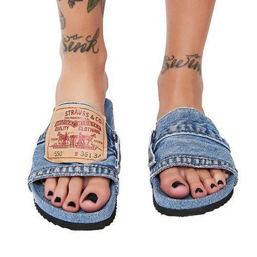 Beach Solid Color Casual Denim Fish Mouth Flat-Heel Slippers