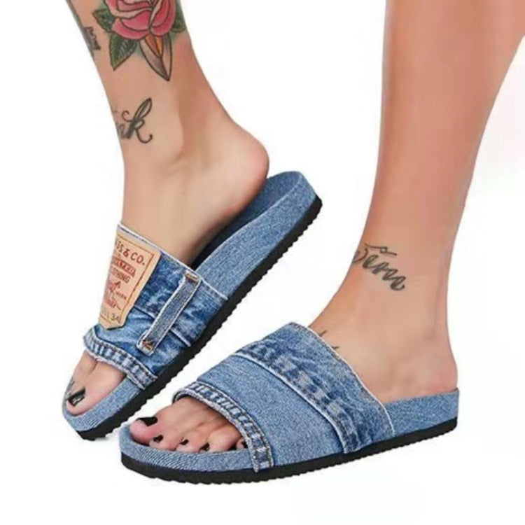 Beach Solid Color Casual Denim Fish Mouth Flat-Heel Slippers
