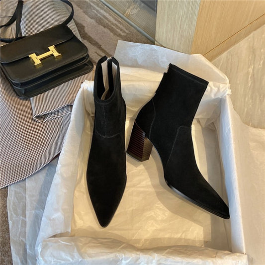 Thin Skinny Boots Cow Leather Pointed Thick High-heeled Short Boots Retro Brown Single Boots Women