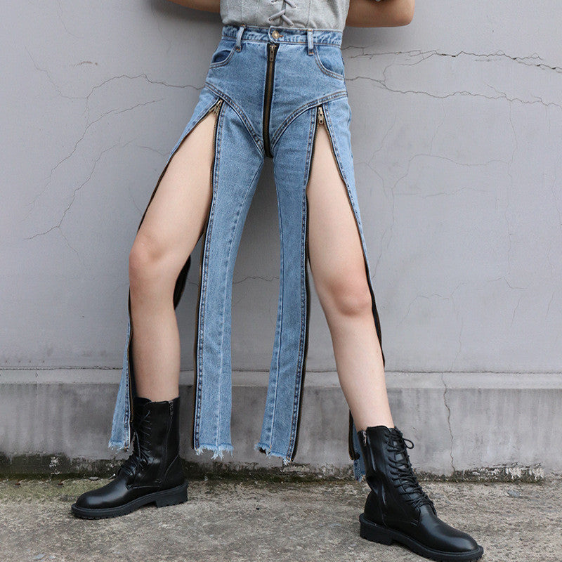 High Waist Zip Design Raw Trim Slim Cropped Jeans