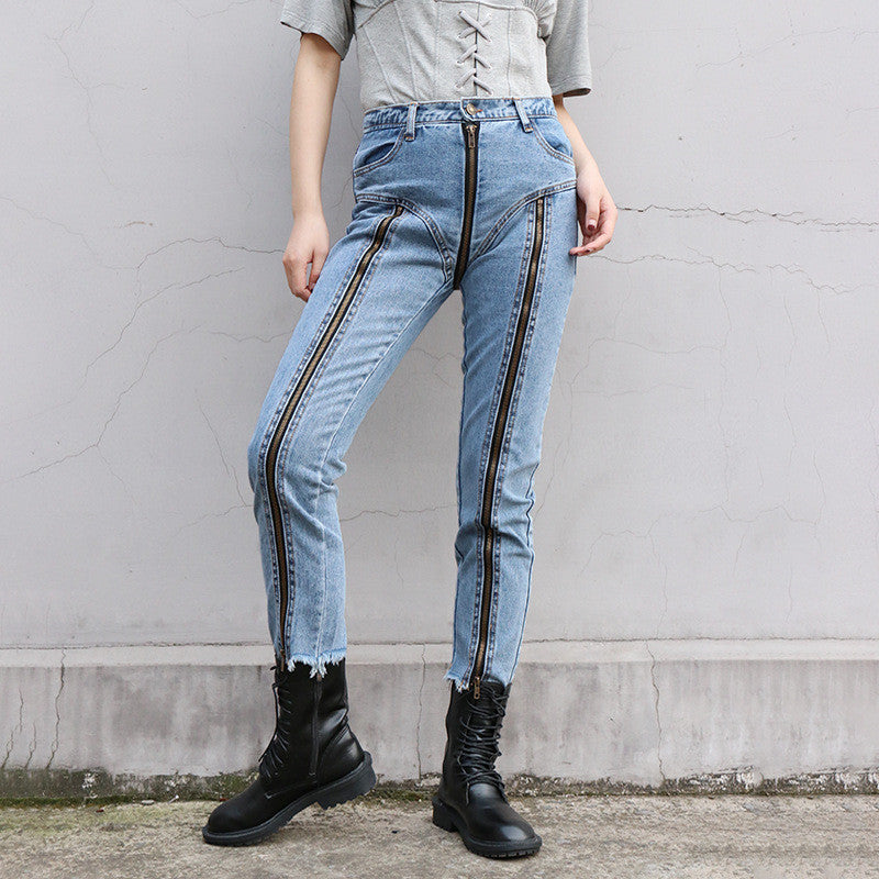 High Waist Zip Design Raw Trim Slim Cropped Jeans