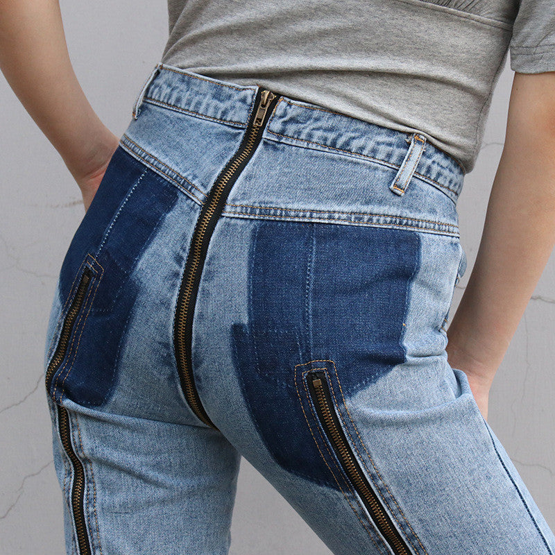 High Waist Zip Design Raw Trim Slim Cropped Jeans
