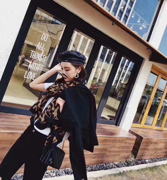 Leopard Print Cotton And Llinen Scarf  Women Autumn And Winter Warm Bib Dual-Use Shawl