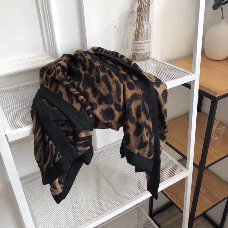 Leopard Print Cotton And Llinen Scarf  Women Autumn And Winter Warm Bib Dual-Use Shawl
