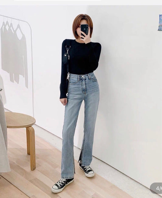 Ladies Spring Side Slit High Rise Straight Leg Jeans